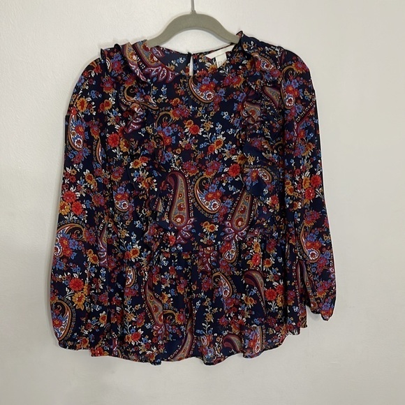 H&M Exaggerated ruffle paisley floral print  long sleeve blouse Size 2 - Picture 1 of 10